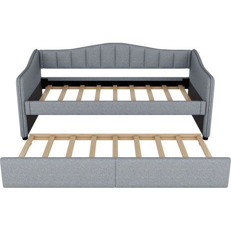 Daybettt, lit de jour 90x200 cm avec lit gigogne, canapé-lit, lit simple (sans matelas), design d’éclairage d’ambiance, lin, style minimaliste, gris (1/5)