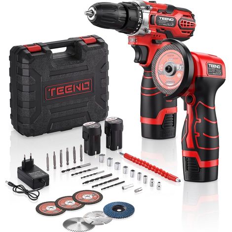 TEENO Kit Perceuse à Percussion et Meuleuse d’angle sans fil 16,8 V, Ø 76mm, 25+1 réglages de couple 45 Nm, meuleuse 19 500 tr/min, 2 batteries pour bricolage, menuiserie, réparation automobile (1/5)