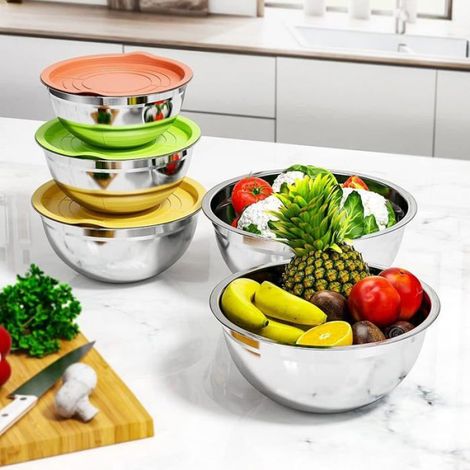 Saladier - Acier Inoxydable Alimentaire - 5 Pièces 4,5 L 3,5 L 2,5 L 2 L 1,4 L - Couvercles Hermétiques Colorés - Cuisine Domestique et Professionnelle (1/5)