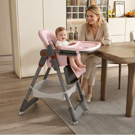 Babyhochstuhl 53x31x52 cm Rosa aus Polypropylen mit 5-Punkt-Gurt, faltbar, verstellbar und mit Rollen (1/5)