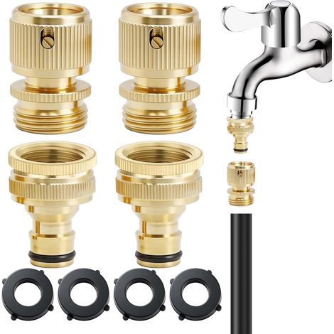 2pairs Raccord Tuyau d'arrosage Laiton,Connecteur pour Robinet 1/2" et 3/4" 2-en-1 Adaptateur Robinet Tuyau Arrosage, Connecteur de Robinet à Filetage Femelle et Filetage Mâle, Installation Simple (1/5)