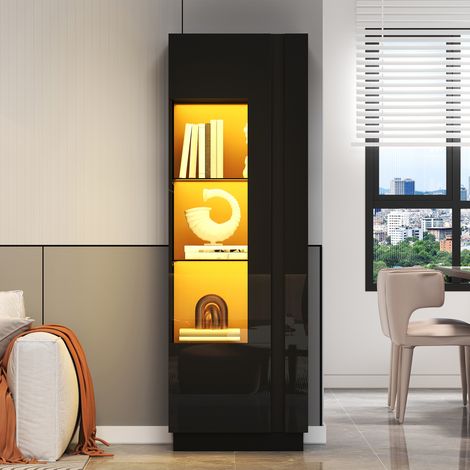Modernluxe - Vitrine en acrylique 60x40x180 cm - Avec éclairage LED - Porte en acrylique et 3 étagères en verre - Finition brillante - Noir (1/5)