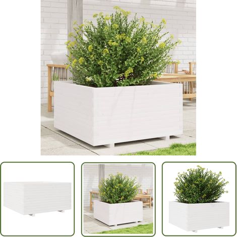 The Living Store Jardinière blanc 90x90x49,5 cm bois de pin massif - Jardinieredécorative - Jardinière Extérieure - Pot De Fleurs En Bois - Bac À Fleurs - Jardinière Blanche (1/5)