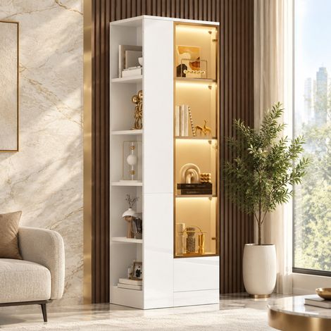 Vitrine avec porte en verre et éclairage LED, meuble de rangement blanc brillant avec tiroir et étagère ouverte, panneau de particules, 50 x 35 x 160 cm, pour salon – CHICFURN (1/5)