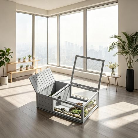 Enclos pour tortues terrestres avec maison en bois et toit grillagé 91 x 60,5 x 32 cm gris HAVRYA (1/5)