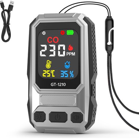 Detector de monóxido de carbono 3 en 1, comprobador de CO con medición de temperatura y humedad, 0-999 ppm, recargable, alerta sonora, portátil para el hogar, camping y viajes. (1/5)