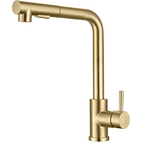 Robinet de cuisine avec douchette extractible, mitigeur d'évier en acier inoxydable brossé doré à poignée unique pivotante à 360° (1/5)