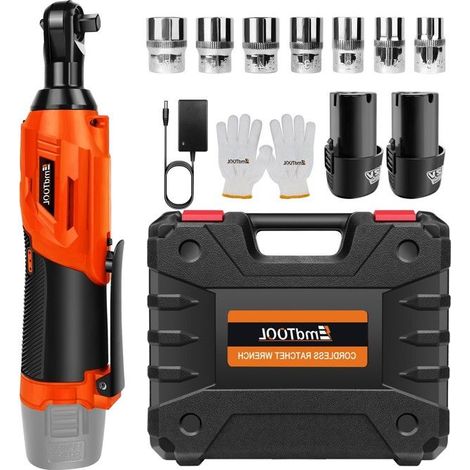 Llave de trinquete eléctrica portátil 12V, interfaz 3/8”, 40 N.M, 7 casquillos + 2 baterías 1500mAh + accesorios