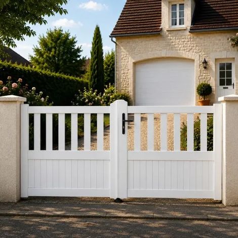 Portail battant manuel PVC blanc structure renforcée H 125 x L 400 cm semi-ajouré ETRETAT