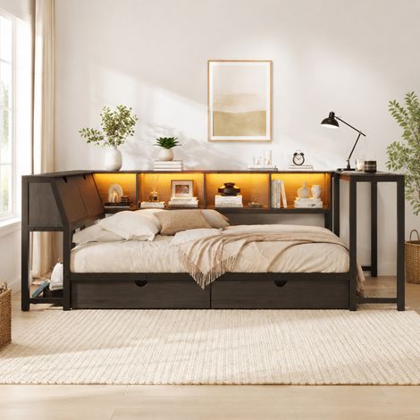 Letto in metallo 90x200 con scrivania, testiera contenitore, LED e cassetti, nero (1/5)