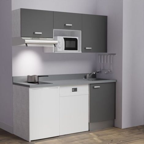 Kitchenette K55L - 180 cm - emplacements hotte, micro-ondes, frigo et lave-vaisselle-Gris-Cromo-évier à droite