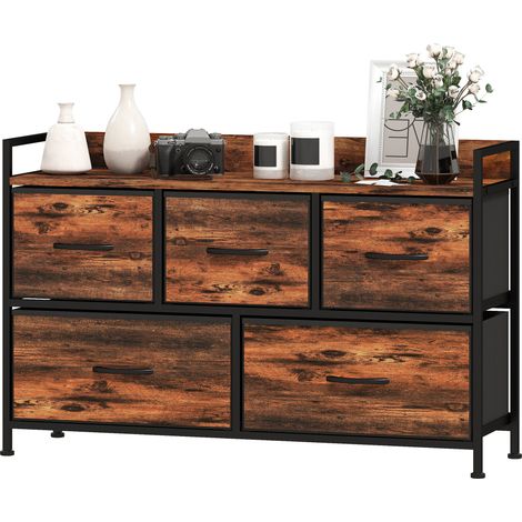 Commode de rangement 5 tiroirs en tissu, plateau et cadre acier, marron rustique 98x29x63 cm