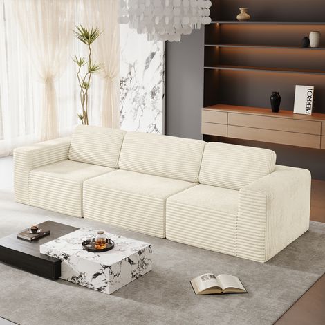 Canapé Modulaire Compressé 3 Places Velours Côtelé,Confort avec Mousse à Haut Retour Élastique,Sans Assemblage,303x101x82cm,Beige