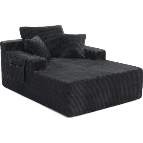 Sofá cama de terciopelo acanalado negro con bolsillos laterales y cojines, sin montaje (1/5)