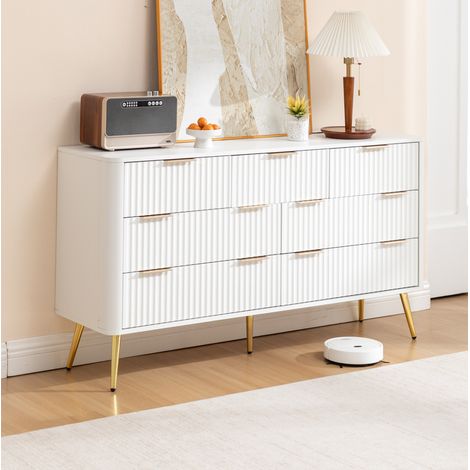 Commode 7 tiroirs blanche en MDF avec coulisses à fermeture douce et poignées métal DESVIAE (1/5)