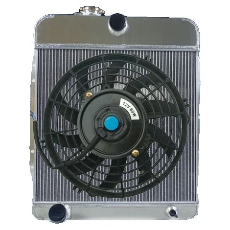 Radiador de aluminio + ventilador, tamaño del núcleo 18" x 19,6" x 2,2", tamaño total 22,5" x 25,2" x 5,6", tamaño de entrada 1,77", tamaño de salida 1,77", 3 filas (1/5)