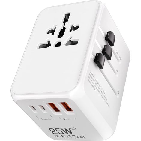 Adaptateur Prise Universelle 25W GaN,5 en 1 Prise Universelle de Voyage avec 2 USB C et 2 USB A, 2500W Adaptateur International France vers USA, AUS, UK, EU, Japon (1/5)