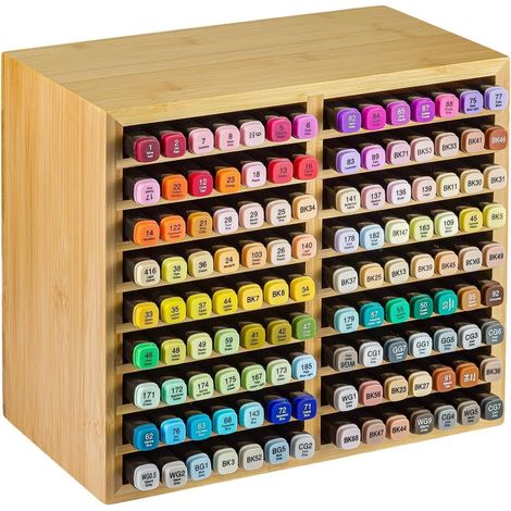 M.J COMFY-LIFE Bamboo Marker Organizer - 18 Compartment Desktop Storage Holds 126 Markers/Pens Natural Wood Stationery Holder for Artists, Classroom & Office (126 Markers) (1/5)