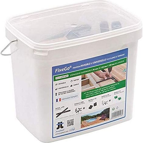 Jouplast – Fixation invisible pour lames de terrasse bois 120-150mm – Épaisseur > 25mm – Kit complet 64 barrettes, 200 vis, 12 taquets – Conforme DTU 51.4