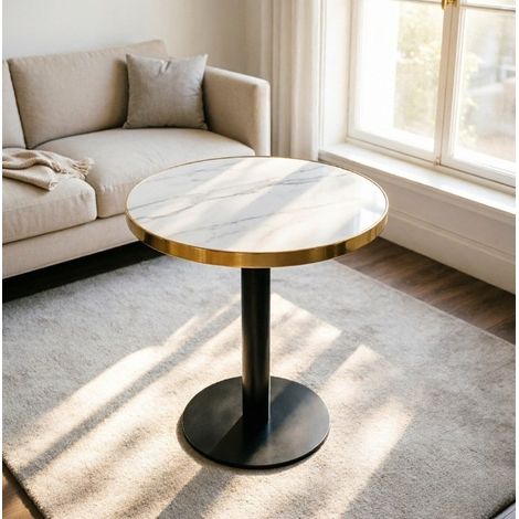 Table d'appoint ronde Ø60 cm avec plateau effet marbre blanc, cadre en acier inoxydable doré DESVIAE (1/5)