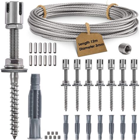 Kletterpflanzenstütze, komplettes Edelstahl-Set mit Wandhalterungen und 3-mm-Seil, 8 Halterungen, 12 m Seil