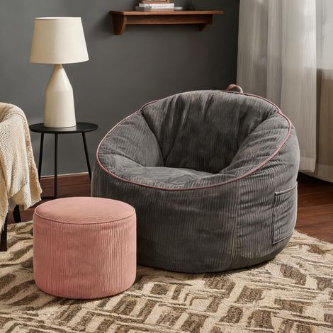 Pouf poire incurvé en molleton gris avec repose-pieds assorti (1/5)
