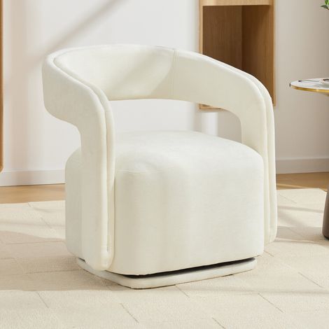 Fauteuil pivotant 065, rotation à 360°, design inspiré des fauteuils tonneaux, fauteuil lounge pour salon et coin lecture, fauteuil d'appoint en chenille texturée blanche. (1/5)