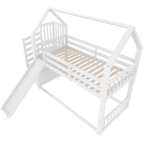 Cama alta infantil con tobogán y escalera con almacenaje 90x200 cm blanca (1/5)