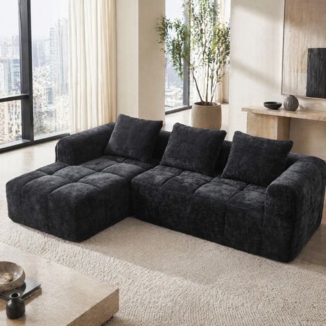 Sofá rinconero 3 plazas en chenilla con chaise longue, 3 cojines, bolsillo lateral, negro DESVIAE (1/5)