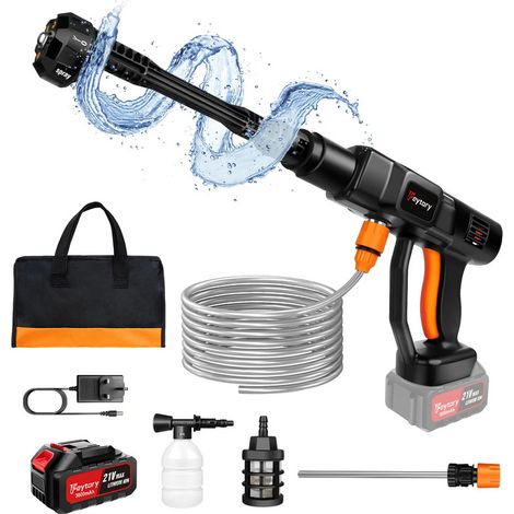 Pistolet de lavage haute pression sans fil 21V – Nettoyeur portable avec 1 batteries et tuyau 5 m, jet 25 cm pour voiture, vélo, cour et maison