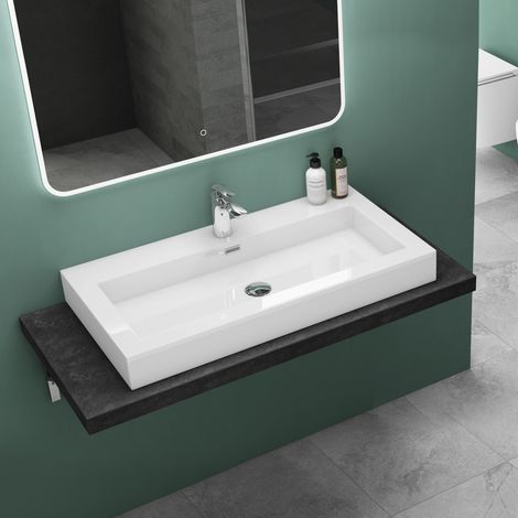 Mai & Mai Vasque à poser lavabo suspendu blanc 90cm résine rectangulaire lave mains avec trop-plein Col818 90x48x10cm (1/5)