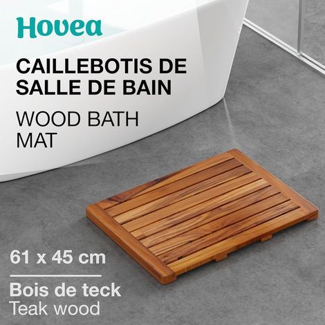 Duschmatte 61 x 45 cm – Teakholz – Feuchtigkeitsbeständig, schimmelresistent – Rechteckige Badematte – Für drinnen und draußen – Rutschfest – CB6145 (1/5)