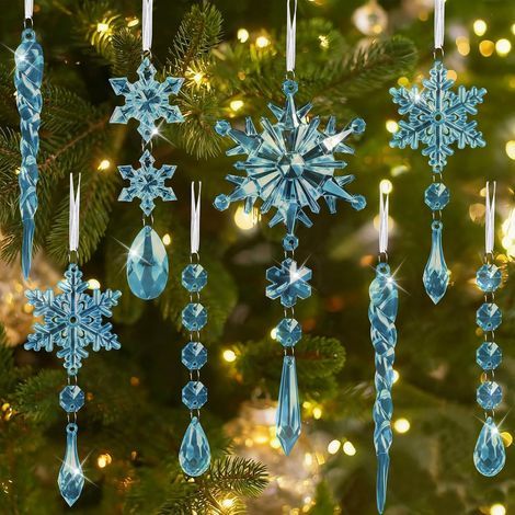 16-teiliger Weihnachtsbaumschmuck aus Kristall, Schneeflocken-Eiszapfen-Dekorationen aus Acryl, hängende Schneeflocken-Ornamente für die Winterdekoration (1/5)