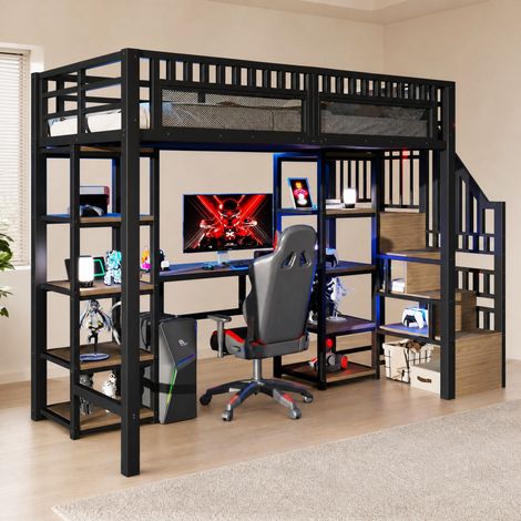 Hochbett 90x200 cm schwarz aus Metall und MDF mit Schreibtisch, LED-Lichtleiste und Stauraum (1/5)