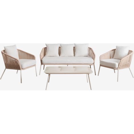 SKLUM Gartenset mit 2-Sitzer-Sofa, 2 Sesseln und Couchtischen aus Aluminium und geflochtenem Seil Arhiza Beige Tapioca