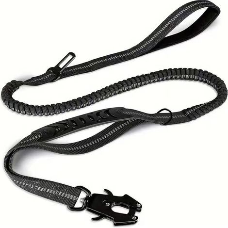 Laisse tactique — Laisse élastique réfléchissante de 1,2 m à 1,78 m, adaptée aux chiens de taille moyenne, grande et très grande — Noire (1/5)