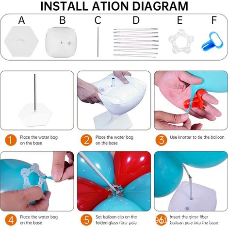 Kit de support d'arche de ballons, sac à eau, base hexagonale, tuyau en acier, tige en fibre de verre en 15 sections, pompe, anneau, boucle, clip fleur de prunier, noueur, colle à points (1/5)
