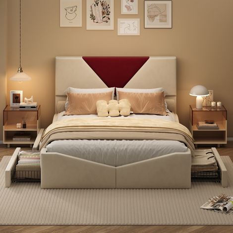 Lit avec tiroirs 140x190 cm - lit double capitonné avec sommier à lattes et tête de lit design - Velours - Beige