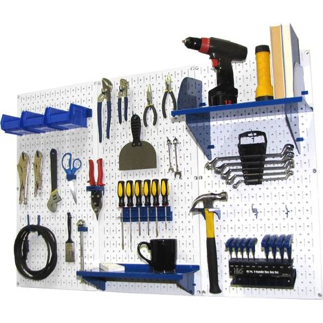 Organisateur en panneau perforé de 1,2 m Kit de rangement d'outils en métal avec planche à outils blanche et accessoires bleus (1/5)