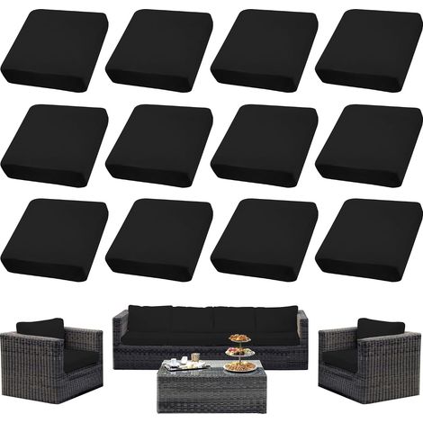 Ensemble de 8 Housses de Coussins pour terrasseHousses pour canapés d'extérieurHousses Extensibles pour Coussins de canapéProtections pour Meubles lavables et réutilisables (12, Noir)