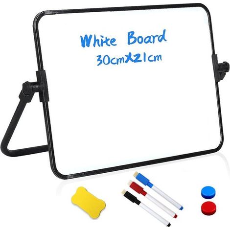 Piccola lavagna bianca cancellabile formato A3 con supporto antiscivolo, 30 x 42 cm, magnetica su entrambi i lati, completa di 3 pennarelli, gomma e magnete. (1/5)