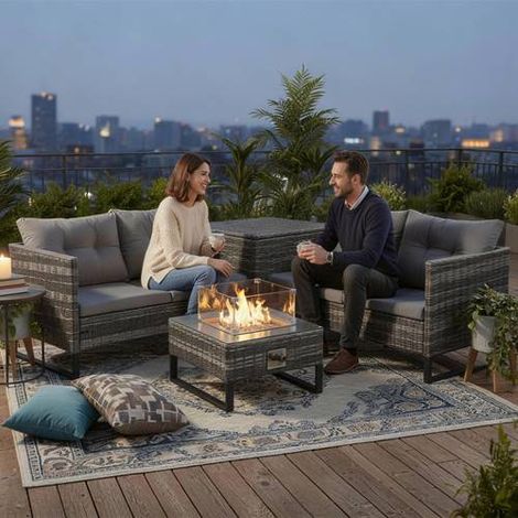 BIRCHTREE4-Seater Rattan Furniture Set with Fire Pit Table and Side Storage Box Grey