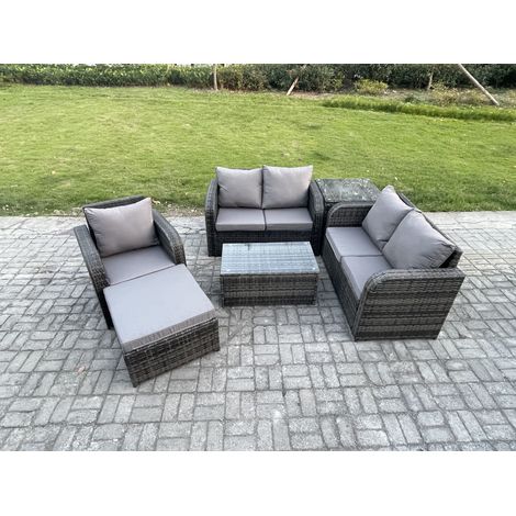 Fimous High Back Rattan Gartenmöbel Set mit Loveseat Sofa Rechteckiger Couchtisch Großer Fußhocker Beistelltisch Indoor Outdoor Patio Lounge Sofa Set Dunkelgrau Gemischt (1/5)