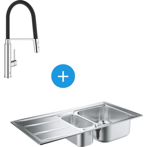 Kit Evier cuisine K400 à encastrer 965x500mm Acier inoxydable + Mitigeur semi-pro Concetto douchette 2 jets (31567SD0-SET4)