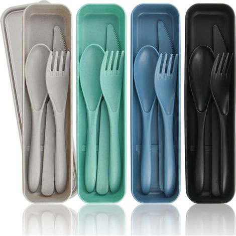 Couverts Réutilisables En Plastique - Fourchette Cuillère Couteau Avec Étui - Pour Pique-Nique Bureau École Voyage - Lot De 4