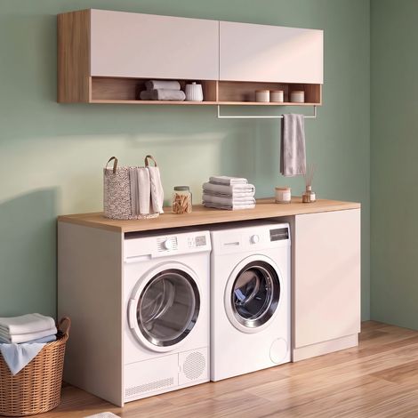 Mueble de lavadero para lavadora y secadora TOMI con encimera de 180 cm de largo y armarios en color beige y madera