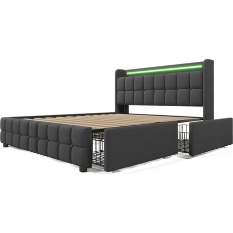 Polsterbett 180x200 cm grau mit USB, LED und 4 Schubladen, Holz- und Metallrahmen (1/5)