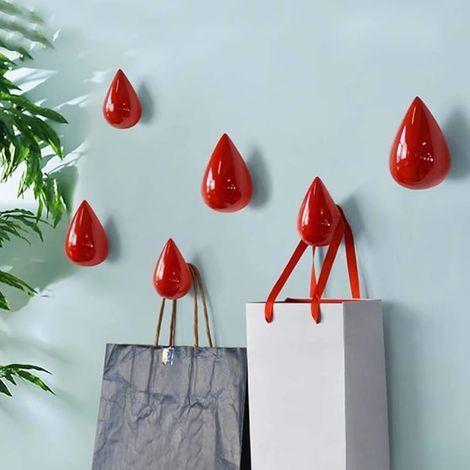 Lot de 2 Porte Manteau, Goutte d'eau Créatifs Patère Support Mural Crochet Décoration Moderne pour Sac, Chapeau, Vêtements, Clé,Rouge (1/5)