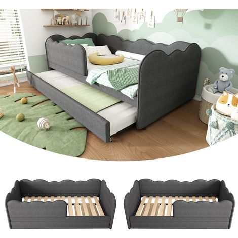 Cama diván moderna 90x190 cm con cama nido extraíble, tapizado de lino gris, cabecero nube, somier incluido (1/5)