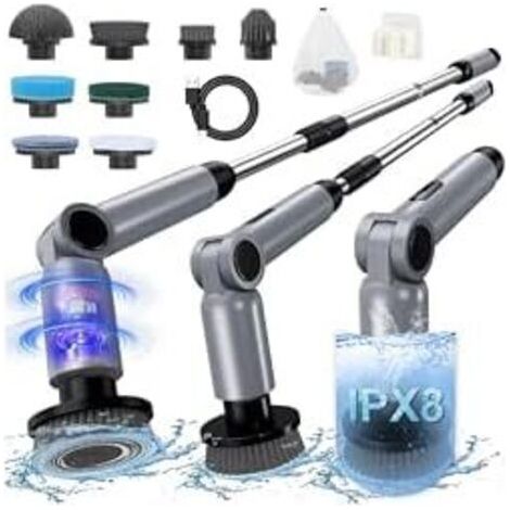 Brosse Nettoyage Electrique, [IPX8 Imperméable]  Rotative Nettoyage,Conception Pliant, avec Tige TéLescopique et 8 TêTes de Accessoires pour Salle De Bain,Voiture,Fenêtre,Douche Gris+noir - (1/5)